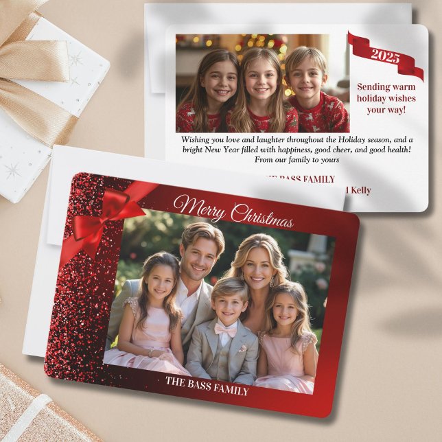 Glitter Wonderland Landscape Photo Holiday Card (Glitter wonderland Christmas greeting cards featuring red glitter and bow border with custom photos)