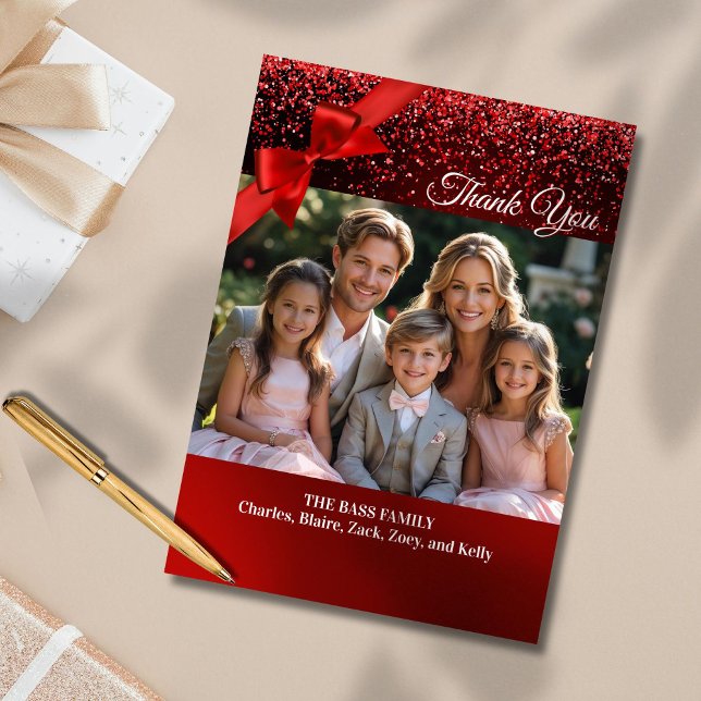 Glitter Wonderland Photo Christmas Thank You Card (Show your gratitude in an elegant way with a custom thank you card in red glitter background design)
