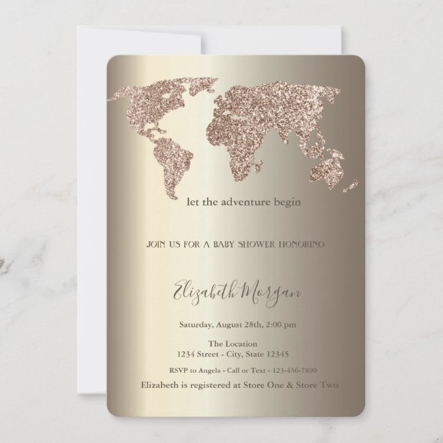 Glitter World Map Confetti  Gold Baby Shower   Invitation (Front)