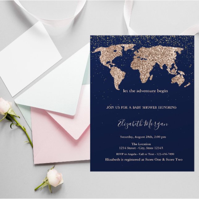 Glitter World Map Confetti Navy Blue Baby Shower   Invitation (Creator Uploaded)