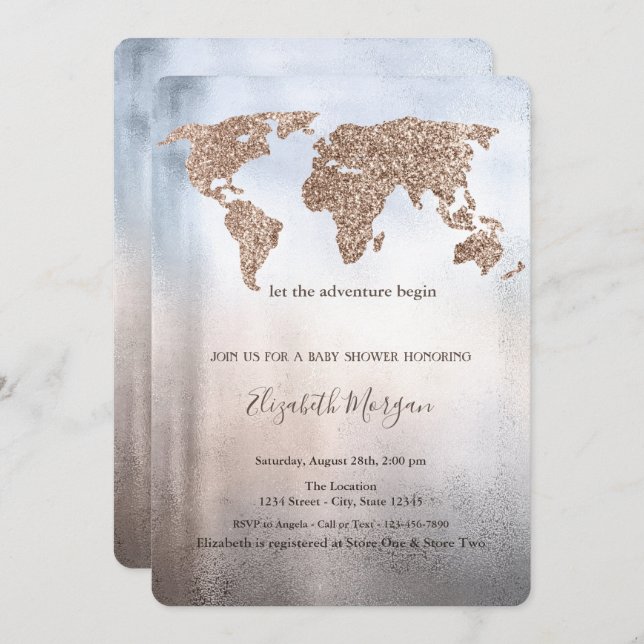 Glitter World Map Metallic Baby Shower  Invitation (Front/Back)