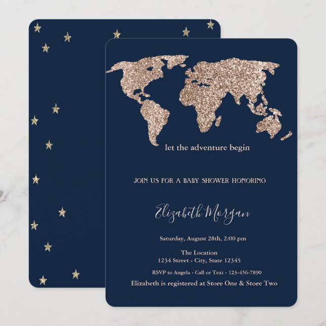 Glitter World Map Stars Baby Shower  Invitation (Front/Back)