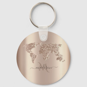 Glitter World Map Travel Monogram      Key Ring