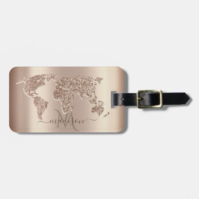 Glitter World Map Travel Monogram  Luggage Tag (Front Horizontal)