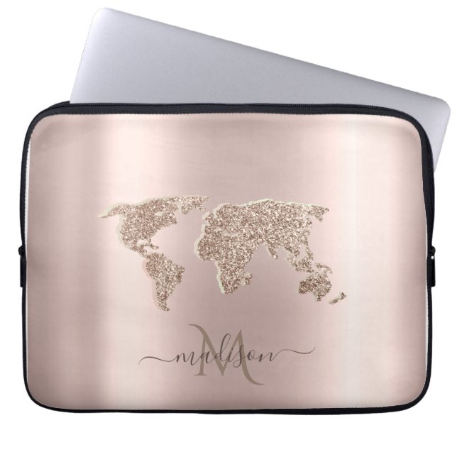 Glitter World Map Travel Rose Gold Monogram  Laptop Sleeve (Front)