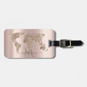Glitter World Map Travel Rose Gold Monogram  Luggage Tag
