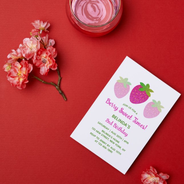 Glitter Y2K Pink Strawberry 2nd Birthday Invitation (Creator Uploaded)