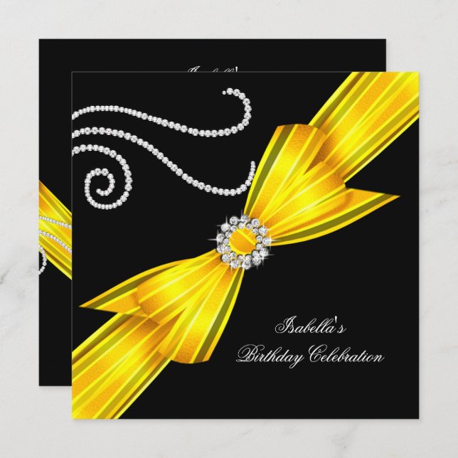 Glitter Yellow Diamond Bow Black Birthday Party Invitation (Front/Back)