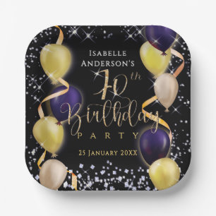 Glittering Balloons 70th Birthday Black Paper Plate