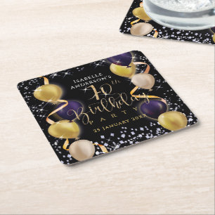 Glittering Balloons 70th Birthday Black Square Paper Coaster