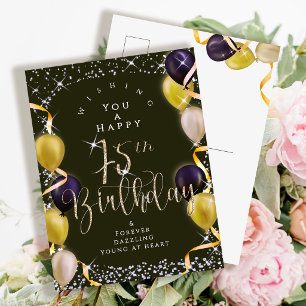Glittering Balloons 75th Happy Birthday  Black Postcard