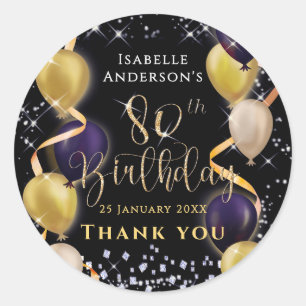 Glittering Balloons 80th Birthday Black Classic Round Sticker