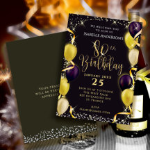 Glittering Balloons 80th Birthday Invitation Black