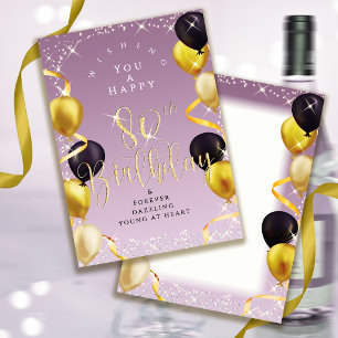 Glittering Balloons 80th Happy Birthday Purple Card