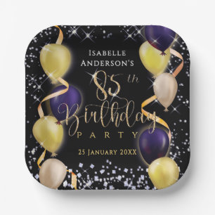 Glittering Balloons 85th Birthday Black Paper Plate