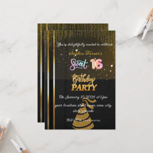 Glittering Black and Gold sweet 16 Birthday Invitation