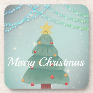 Glittering Blue Background with Christmas Tree Coaster