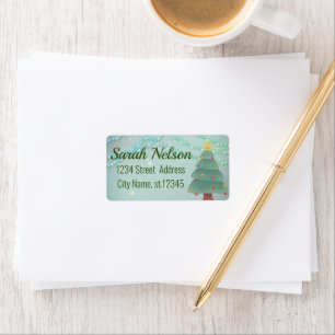 Glittering Blue Background with Christmas Tree La Label