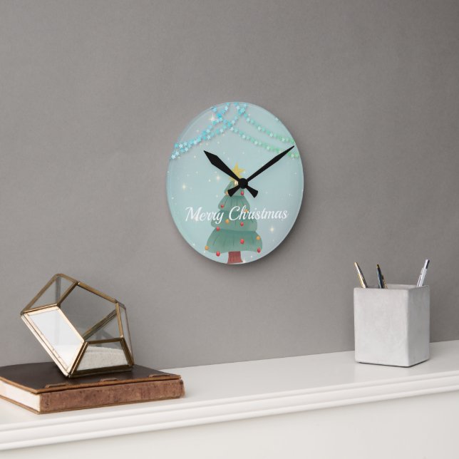 Glittering Blue Background with Christmas Tree Round Clock (Office)
