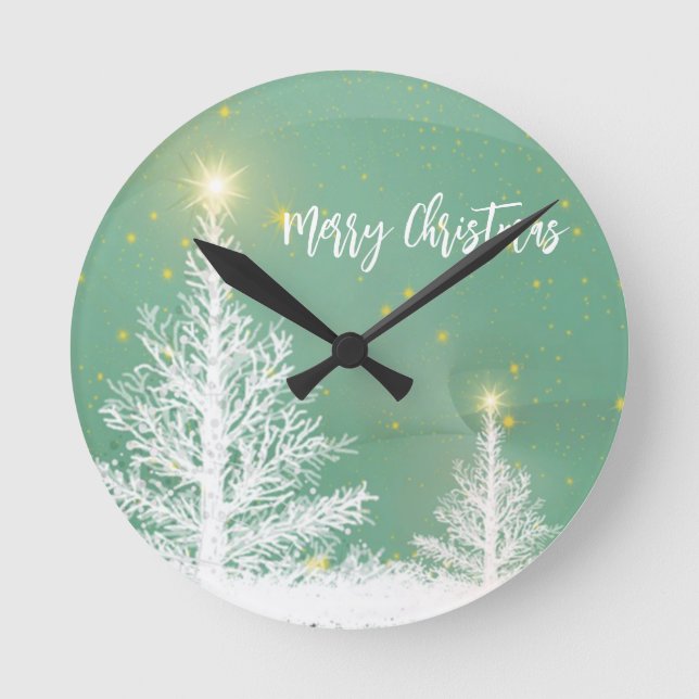 Glittering Blue Background with Christmas Tree Round Clock (Front)
