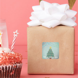 Glittering Blue Background with Christmas Tree Square Sticker