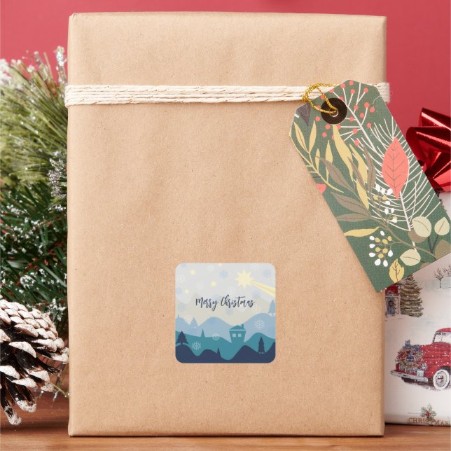 Glittering Blue Background with Christmas Tree Square Sticker (Holiday)