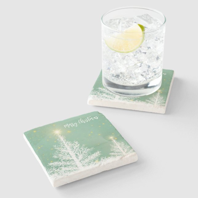 Glittering Blue Background with Christmas Tree  Stone Coaster (Side)