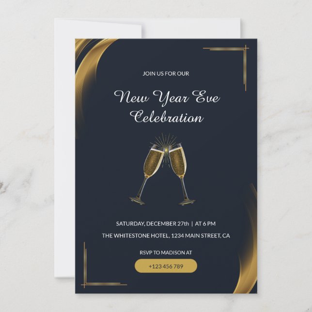 Glittering Champagne Glasses New Year Invitation (Front)