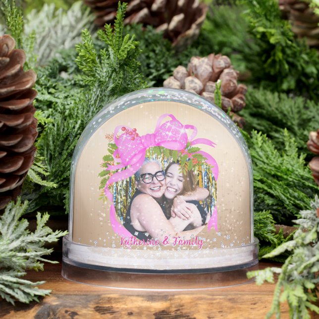 Glittering Christmas Pink Bow Photo Gold Snowglobe (Winter)
