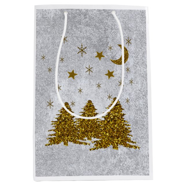 Glittering Christmas tree, stars and moon Medium Gift Bag (Front)