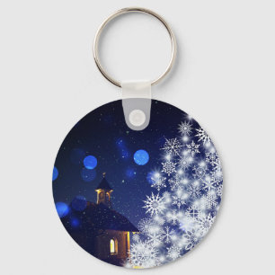 Glittering Christmas tree with Blue Background Key Ring