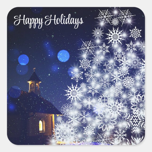  Glittering Christmas tree with Blue Background Square Sticker (Front)