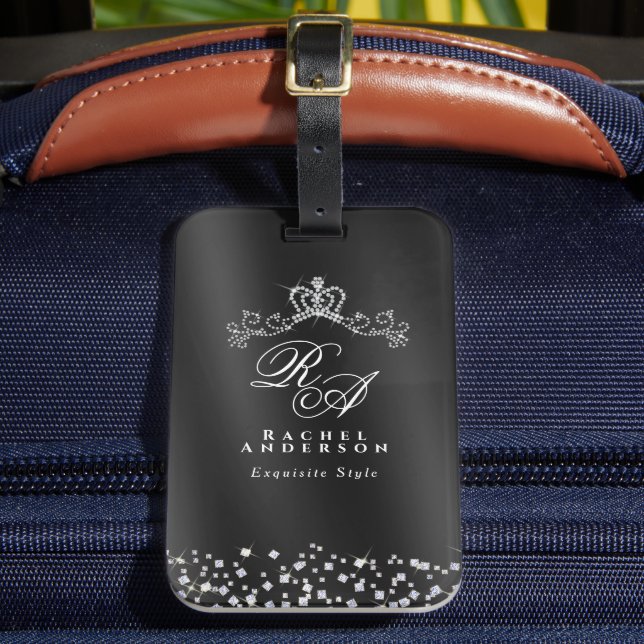 Glittering Crown Monogram Black Luggage Tag (Front Insitu 2)