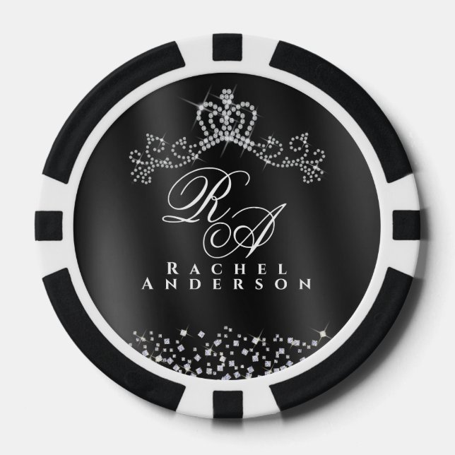 Glittering Crown Monogram Black Poker Chips (Front)