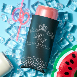 Glittering Crown Monogram Green Seltzer Can Cooler