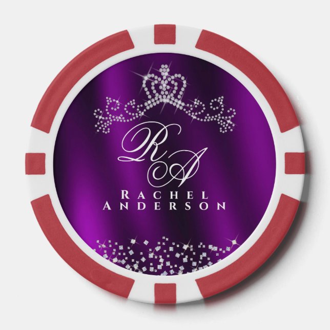 Glittering Crown Monogram Magenta Poker Chips (Front)