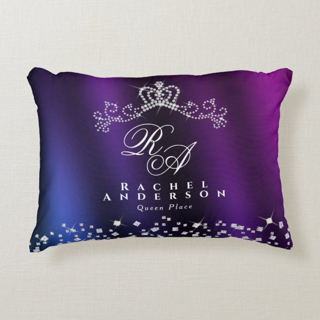Glittering Crown Monogram Purple Blue Decorative Cushion (Front)