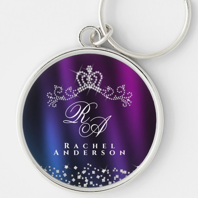 Glittering Crown Monogram Purple Blue Key Ring (Front)