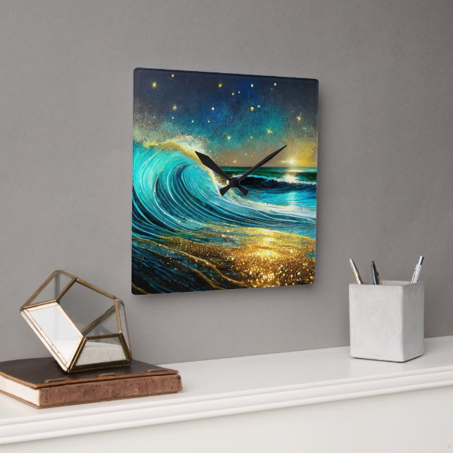 Glittering Divergent Ocean Waves Square Wall Clock (Office)