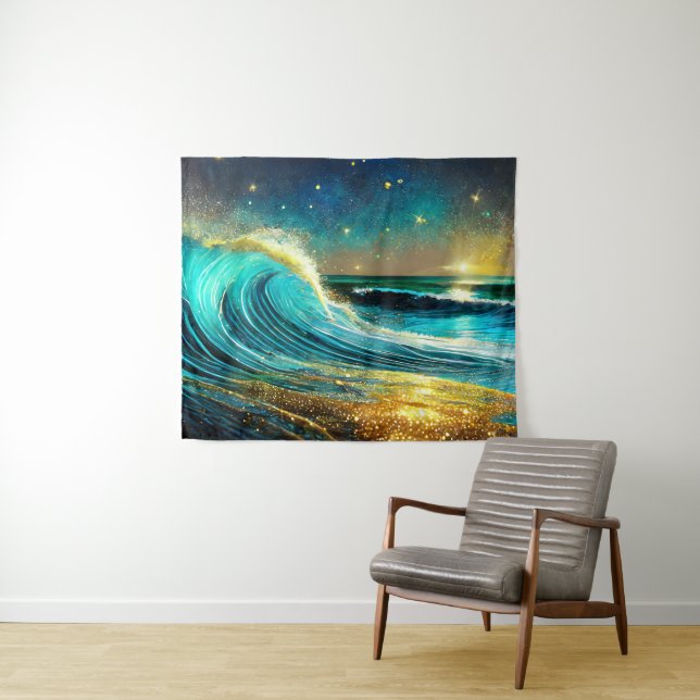 Glittering Divergent Ocean Waves Tapestry (In Situ (Horizontal))