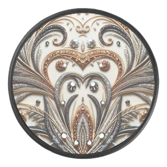 Glittering floral pattern with gemstone hockey puck (Front)