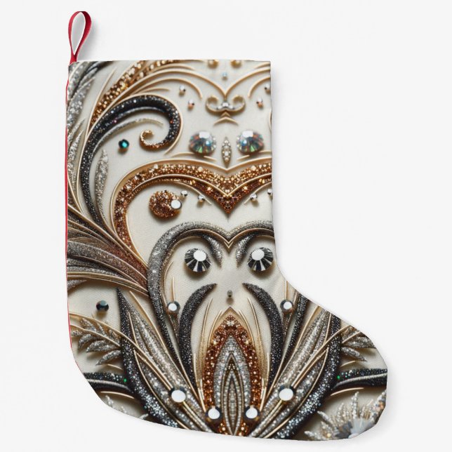 Glittering floral pattern with gemstone small christmas stocking (Front)