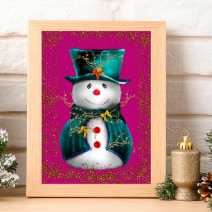 Glittering Green Velvet Snowman Pink Christmas Card