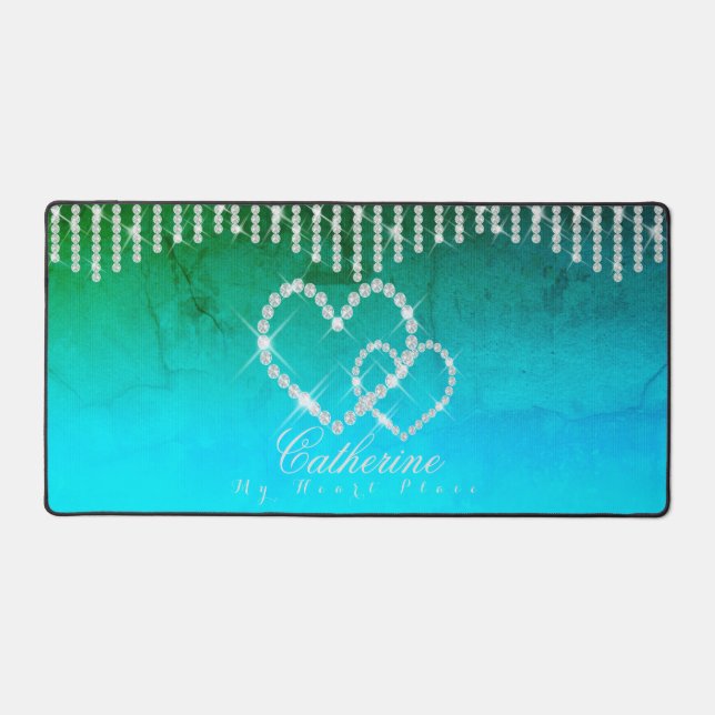 Glittering Hearts Aqua Desk Mat (Front)