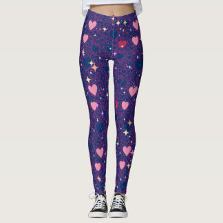 Glittering Hearts Pattern 01 DBlue BG Leggings
