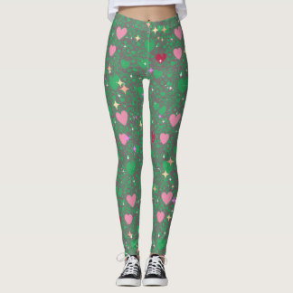 Glittering Hearts Pattern 01 Green BG Leggings