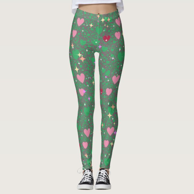 Glittering Hearts Pattern 01 Green BG Leggings (Front)
