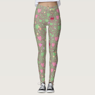 Glittering Hearts Pattern 01 LGreen BG Leggings