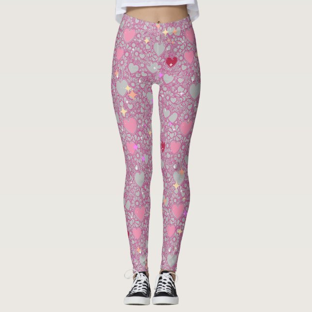 Glittering Hearts Pattern 01 Lgrey BG Leggings (Front)