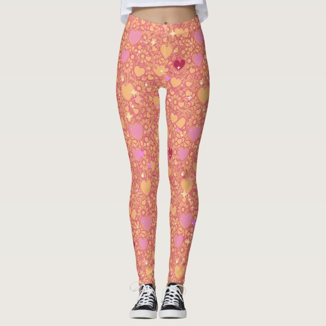 Glittering Hearts Pattern 01 LOrange BG Leggings (Front)